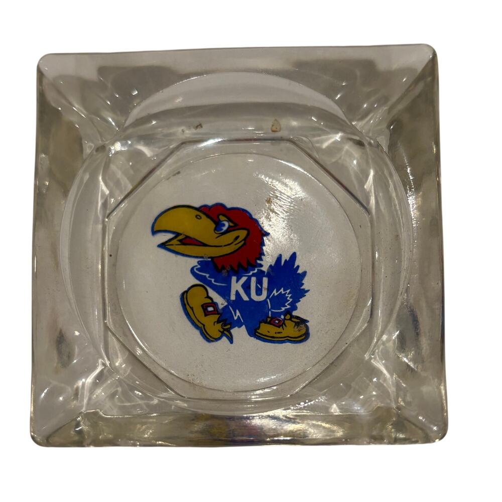 RARE Vintage Kansas Jayhawks KU Glass Ashtray 3.5” Square Rock Chalk
